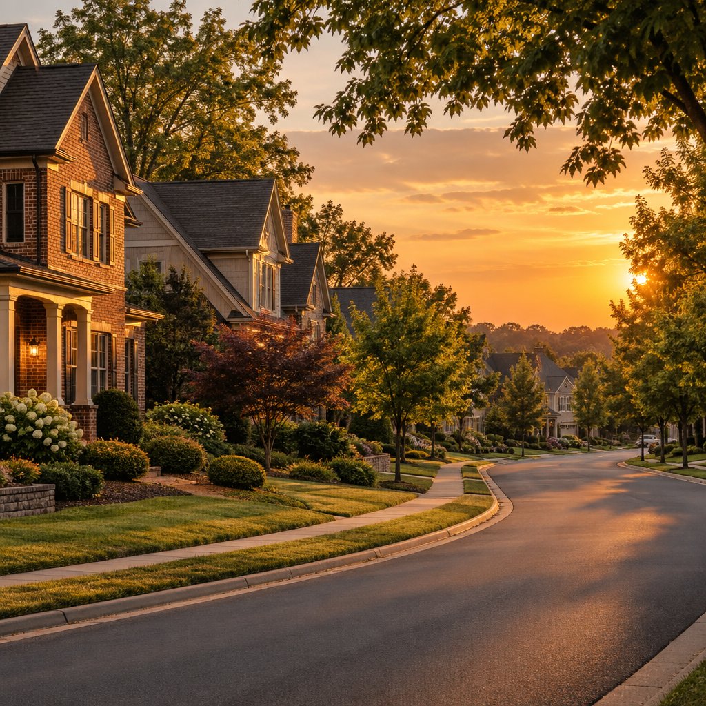 An upscale Charlotte, North Carolina neighborhood street at golden hour, illustrative