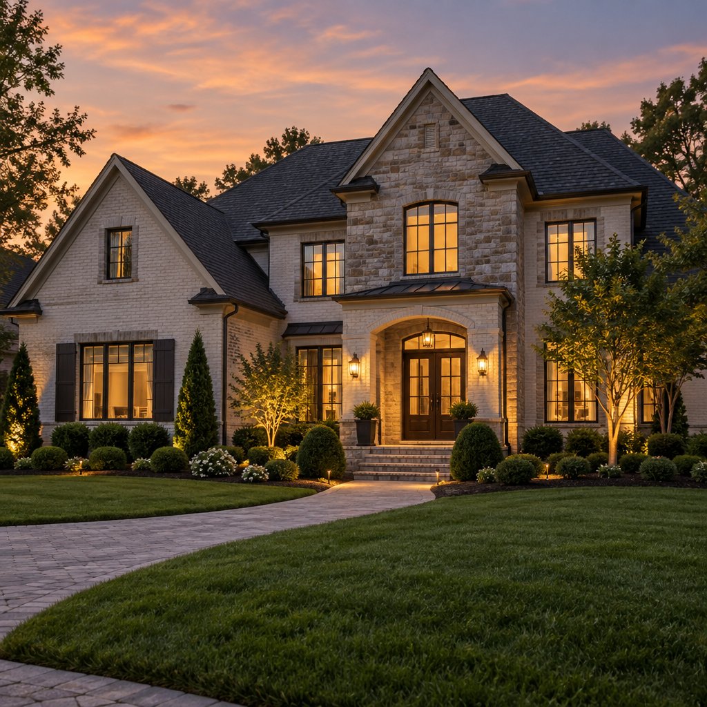 A Charlotte, NC home exterior at dusk, illustrative