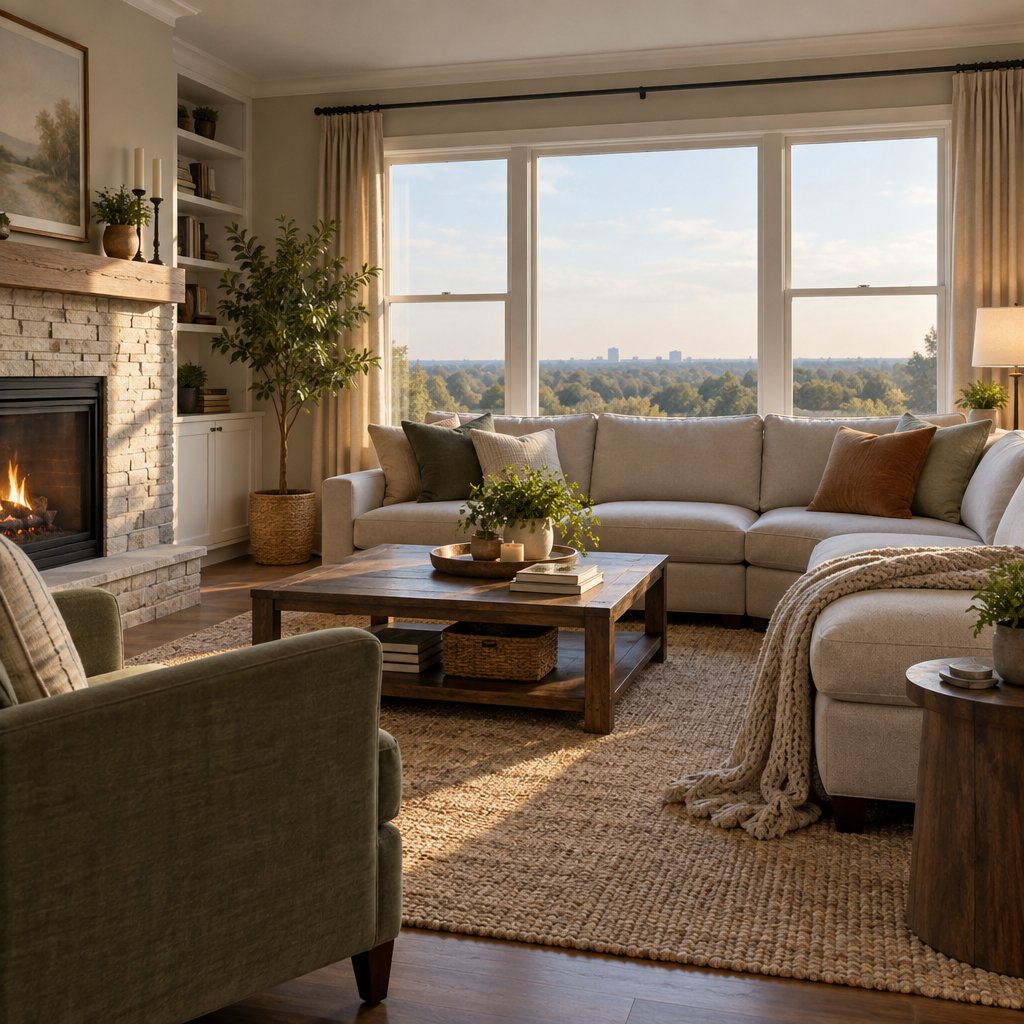 A cozy Charlotte, NC living room, illustrative